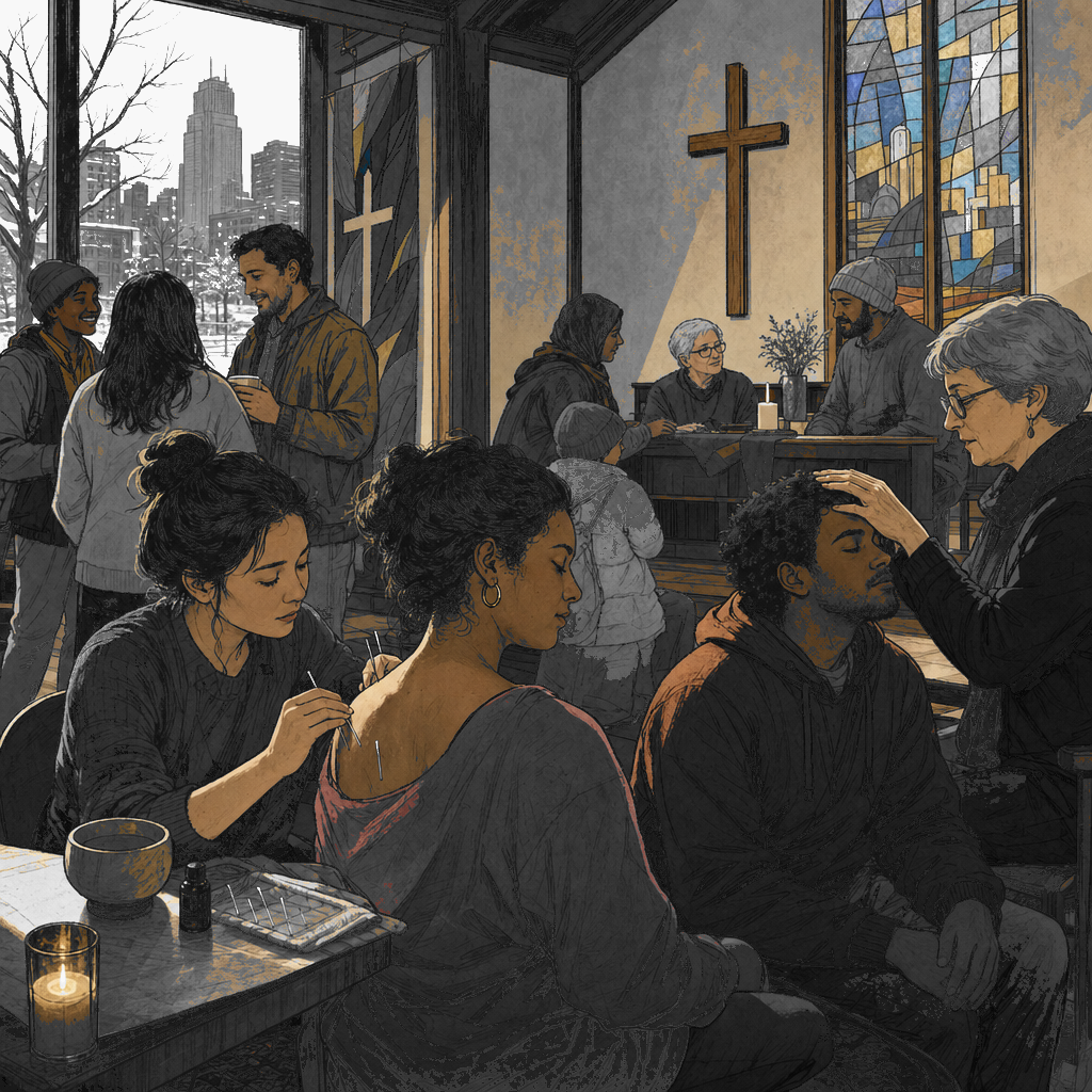 Illustration accompanying article: Minneapolis church adds free acupuncture and Reiki to its migrant ministry
