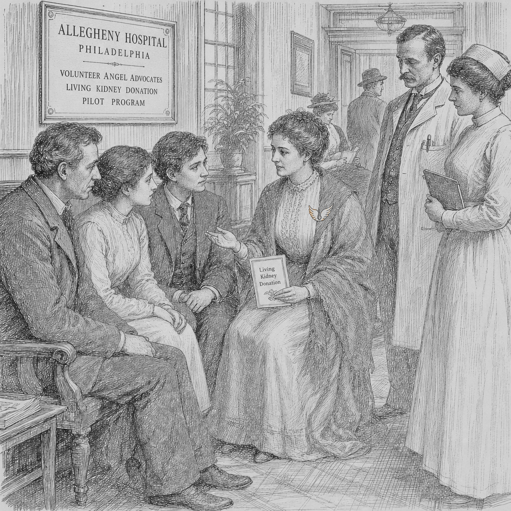 Illustration accompanying article: Pennsylvania pilot uses 'angel advocates' to recruit living kidney donors