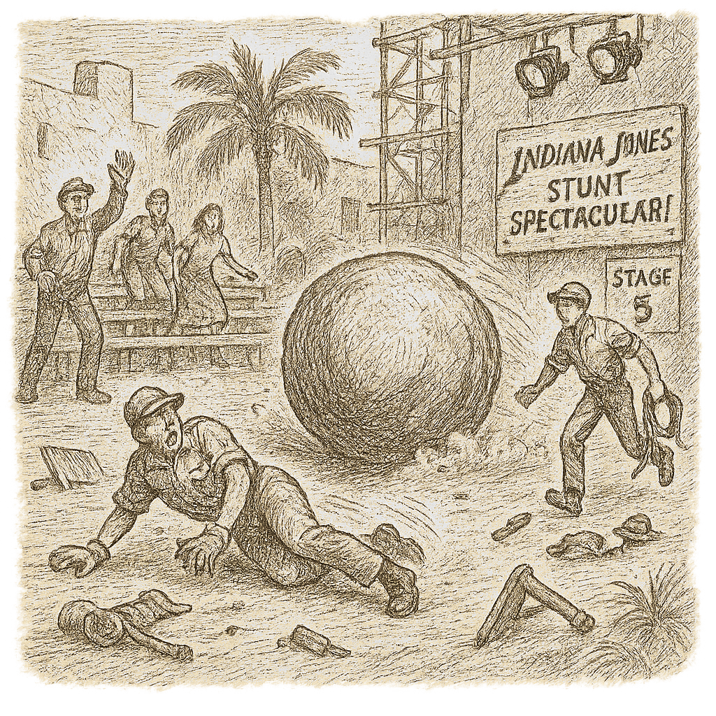 Illustration accompanying article: Disney World worker injured stopping runaway prop boulder at Indiana Jones