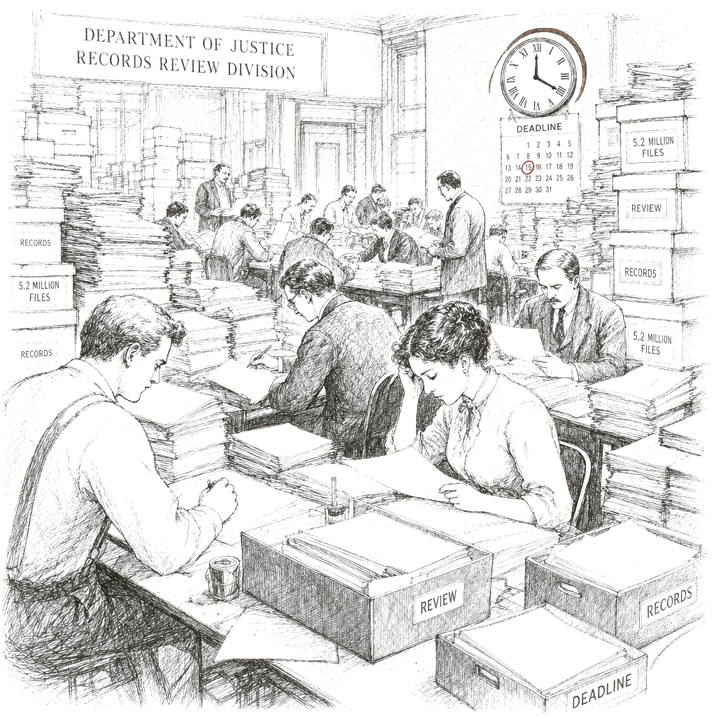 Illustration accompanying article: Justice Department reviews 5.2 million Epstein files, misses deadline