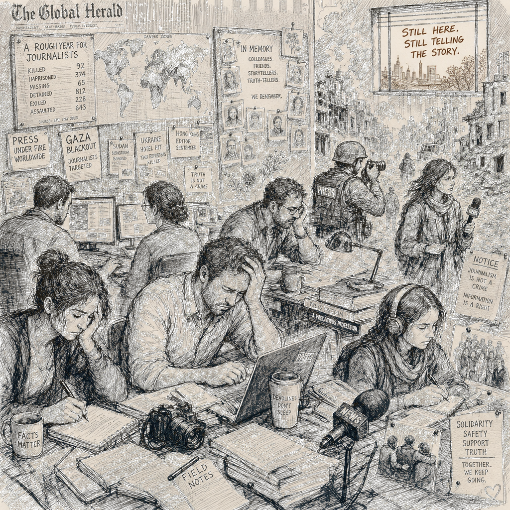Illustration accompanying article: A rough year for journalists in 2025, with a little hope