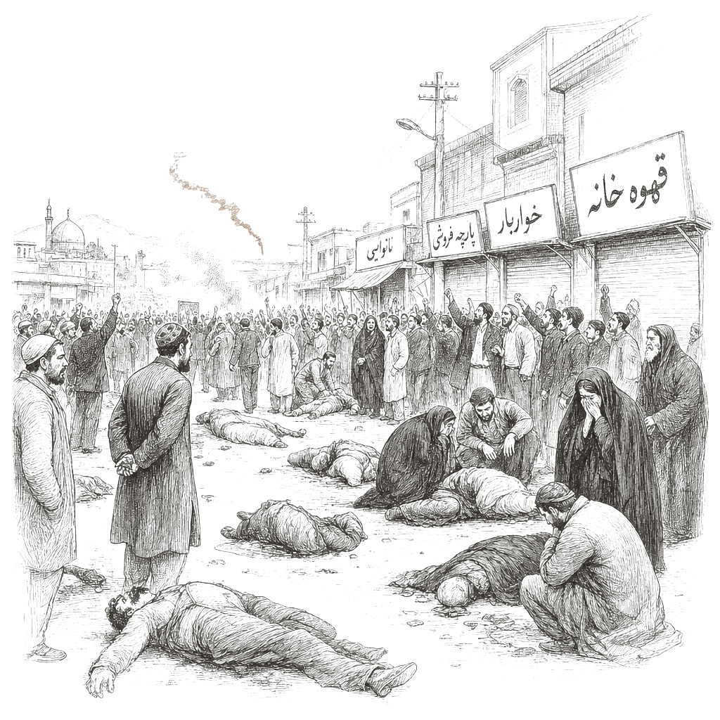 Illustration accompanying article: At least 7 killed as Iran protests over economy spread to rural provinces
