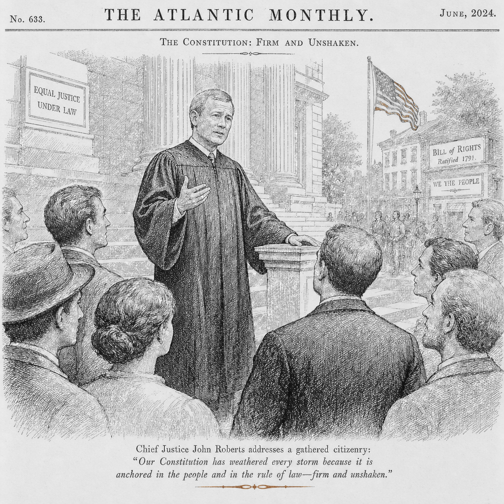 Illustration accompanying article: Chief Justice John Roberts says Constitution is “firm and unshaken”