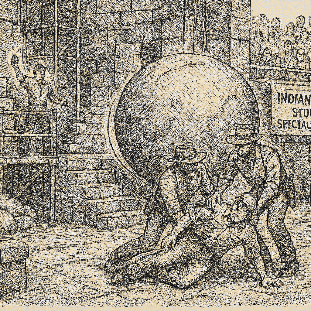 Illustration accompanying article: Disney World worker injured stopping runaway boulder at Indiana Jones stunt