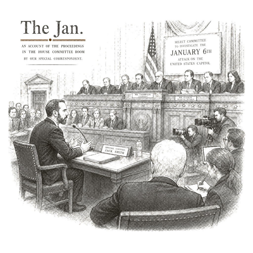 Illustration accompanying article: Jack Smith tells House panel Jan. 6 riot ‘does not happen’ without Trump