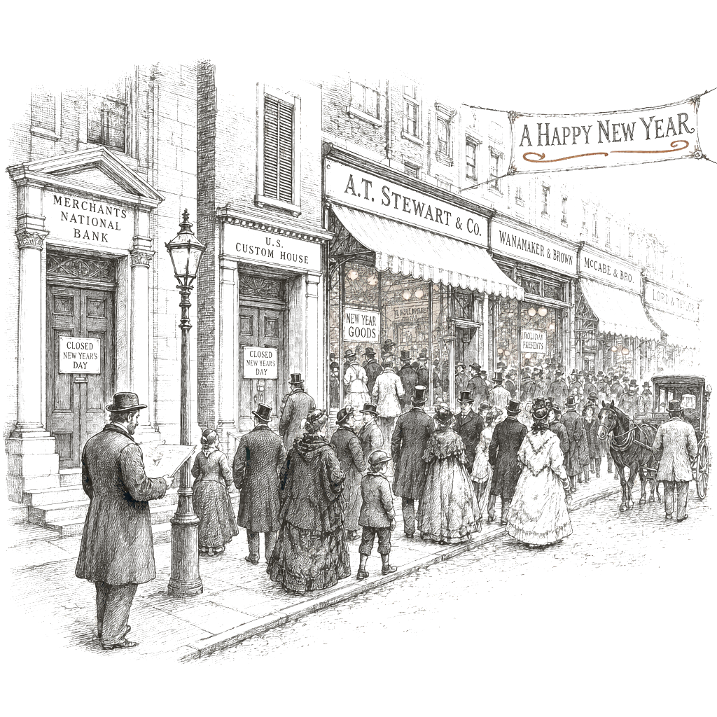 Illustration accompanying article: Most major U.S. retailers open New Year's Day as banks and government close