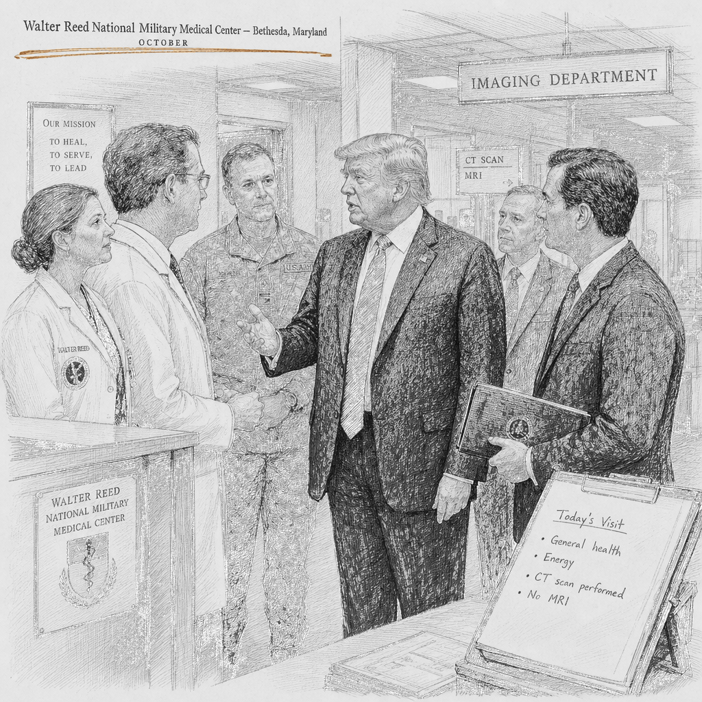 Illustration accompanying article: Trump says he had CT scan, not MRI, during October Walter Reed screening
