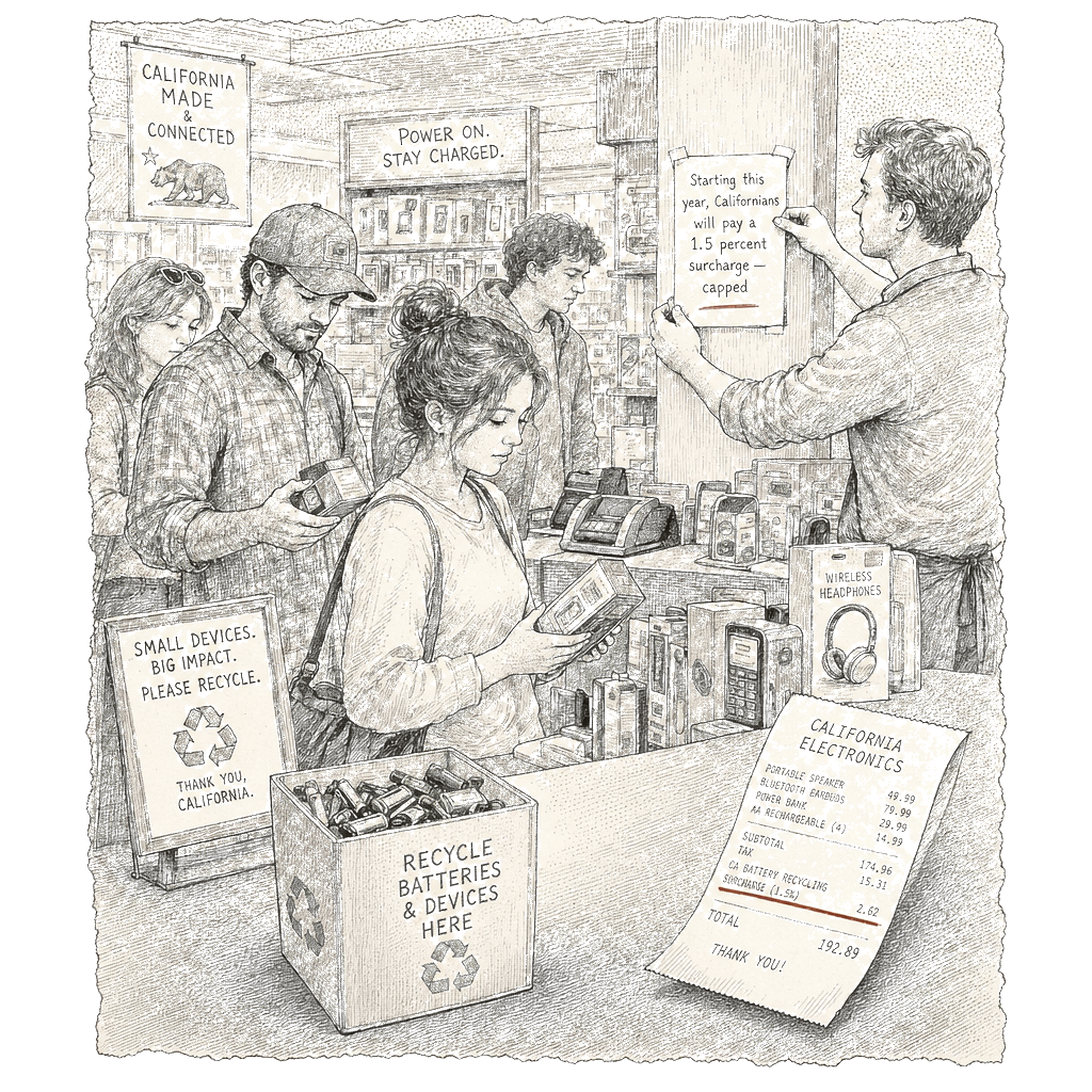 Illustration accompanying article: California adds fee on products with embedded batteries to fund recycling