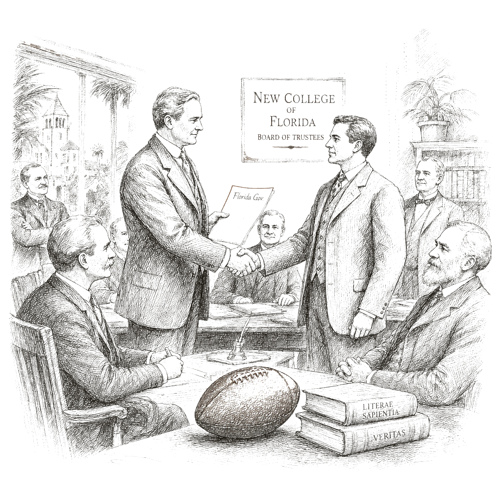 Illustration accompanying article: DeSantis appoints Urban Meyer to New College of Florida board