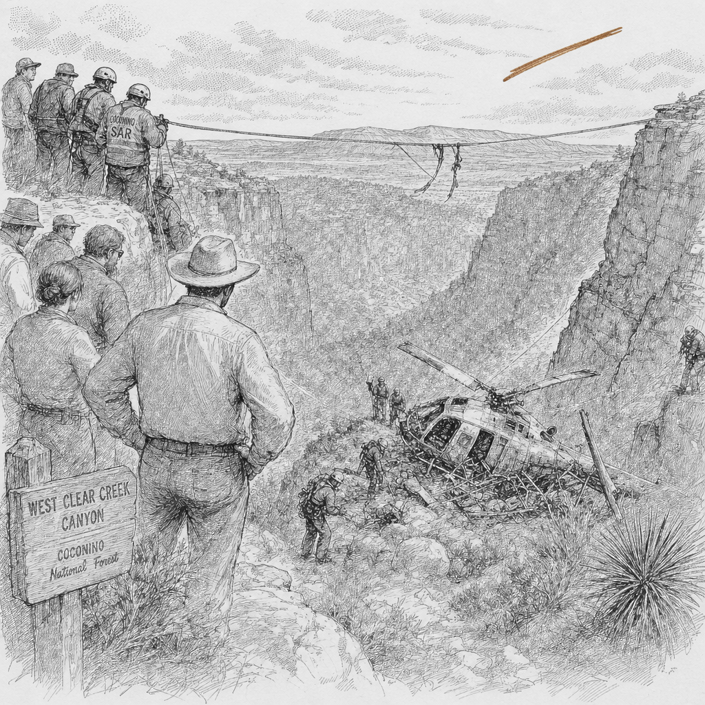 Illustration accompanying article: 4 killed as helicopter strikes slackline, crashes into Arizona canyon