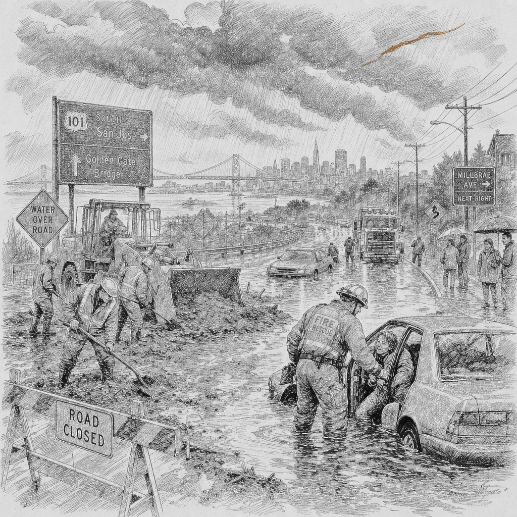 Illustration accompanying article: Flooding concerns rise across Bay Area as more rain and thunderstorms loom