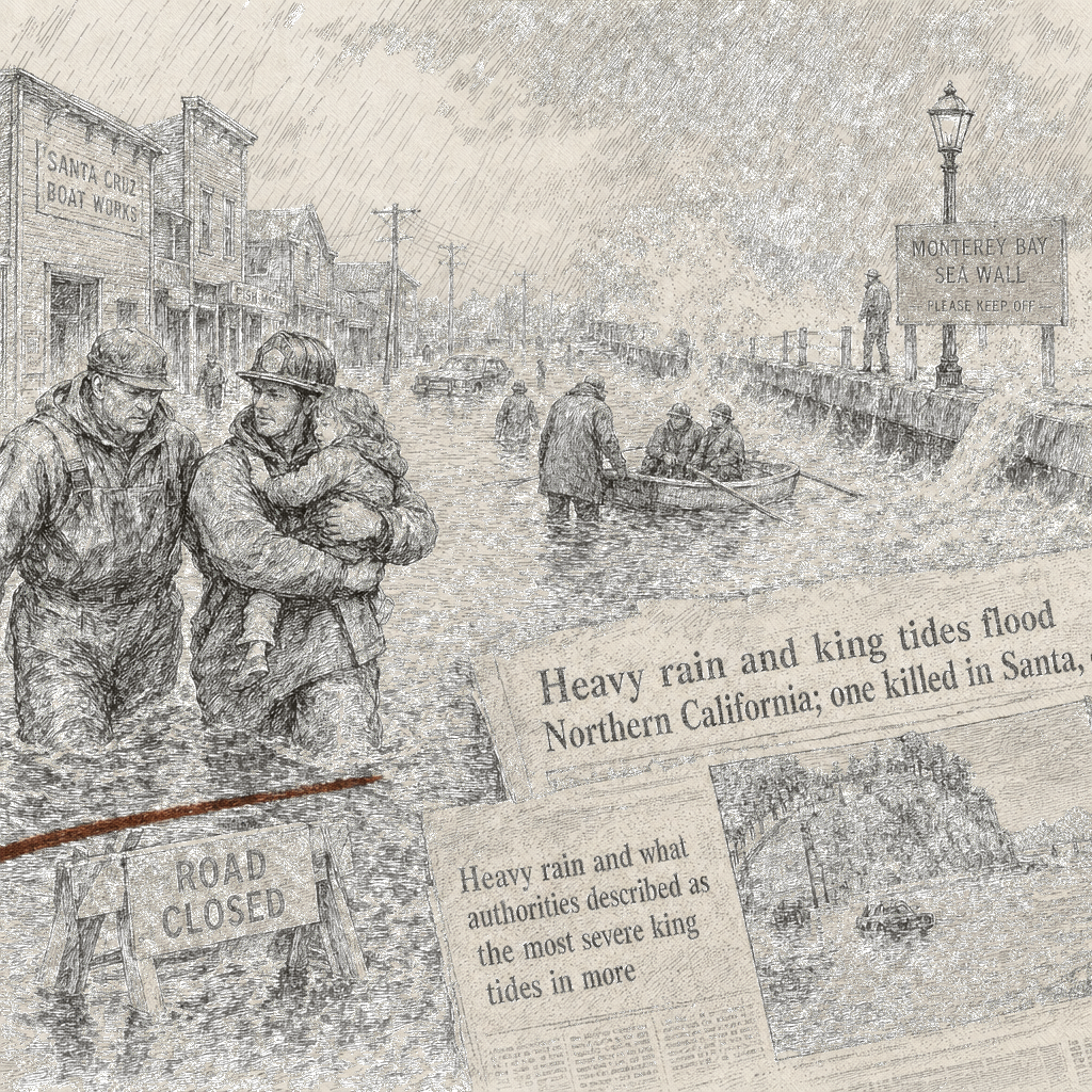 Illustration accompanying article: Heavy rain and king tides flood Northern California; one killed in Santa