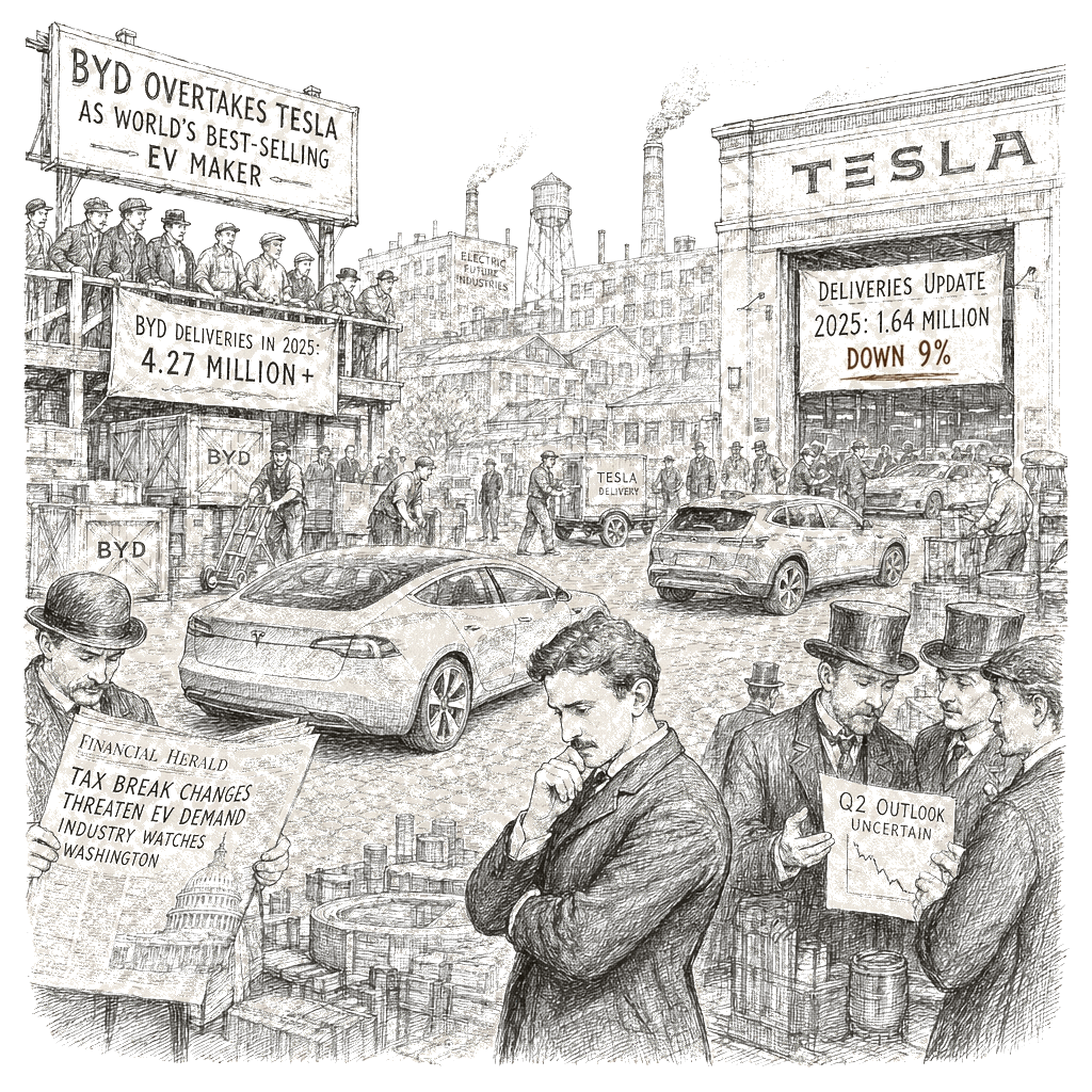 Illustration accompanying article: Tesla loses top EV crown to BYD as Musk, tax break changes weigh