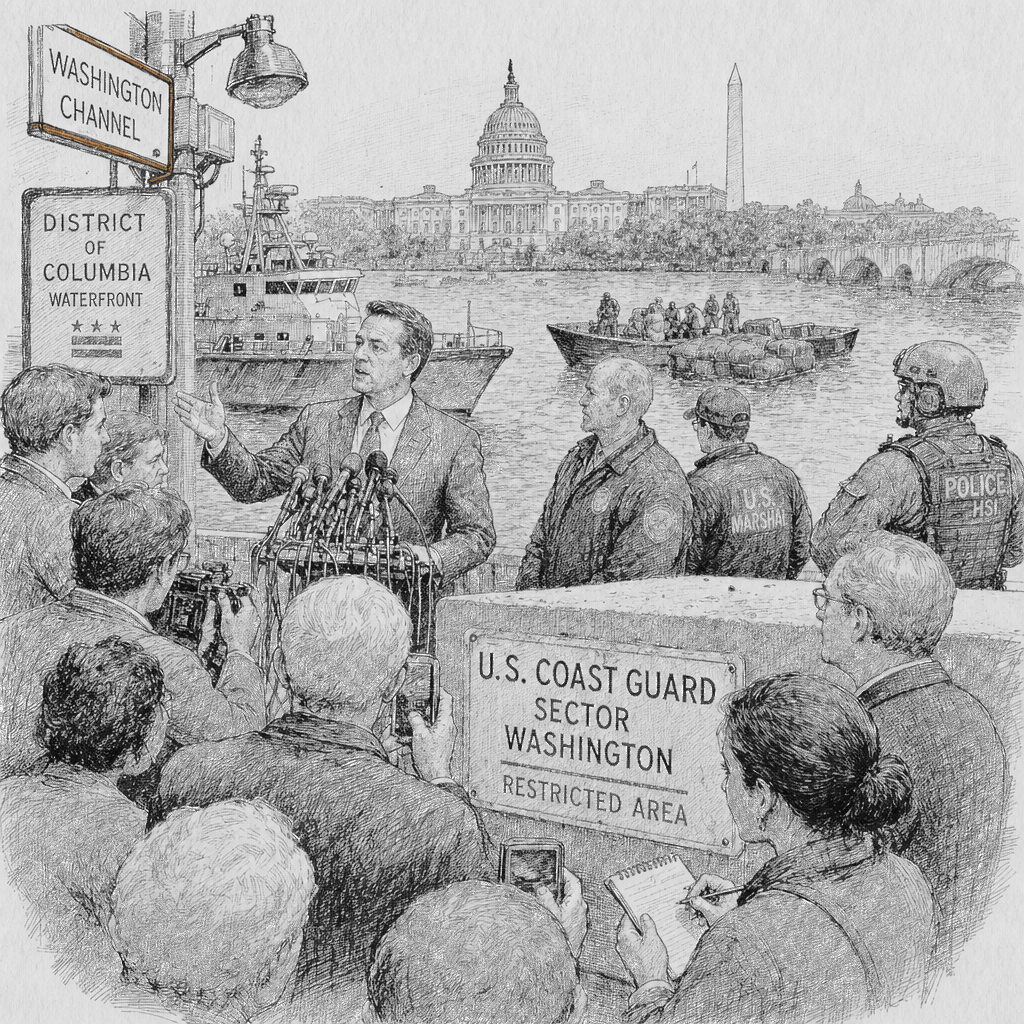 Illustration accompanying article: Trump makes false claims about drug boats and DC crime at Venezuela raid