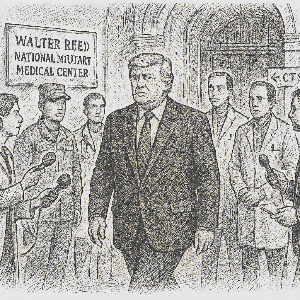 Illustration accompanying article: Trump says CT scan, not MRI, was done at October Walter Reed visit