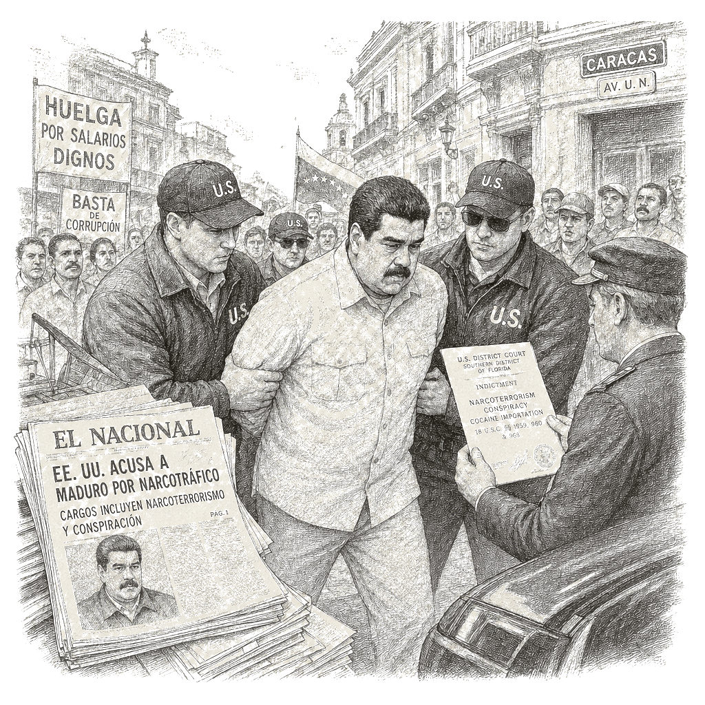 Illustration accompanying article: US captures Maduro in Caracas strike; Venezuela president faces narco charges