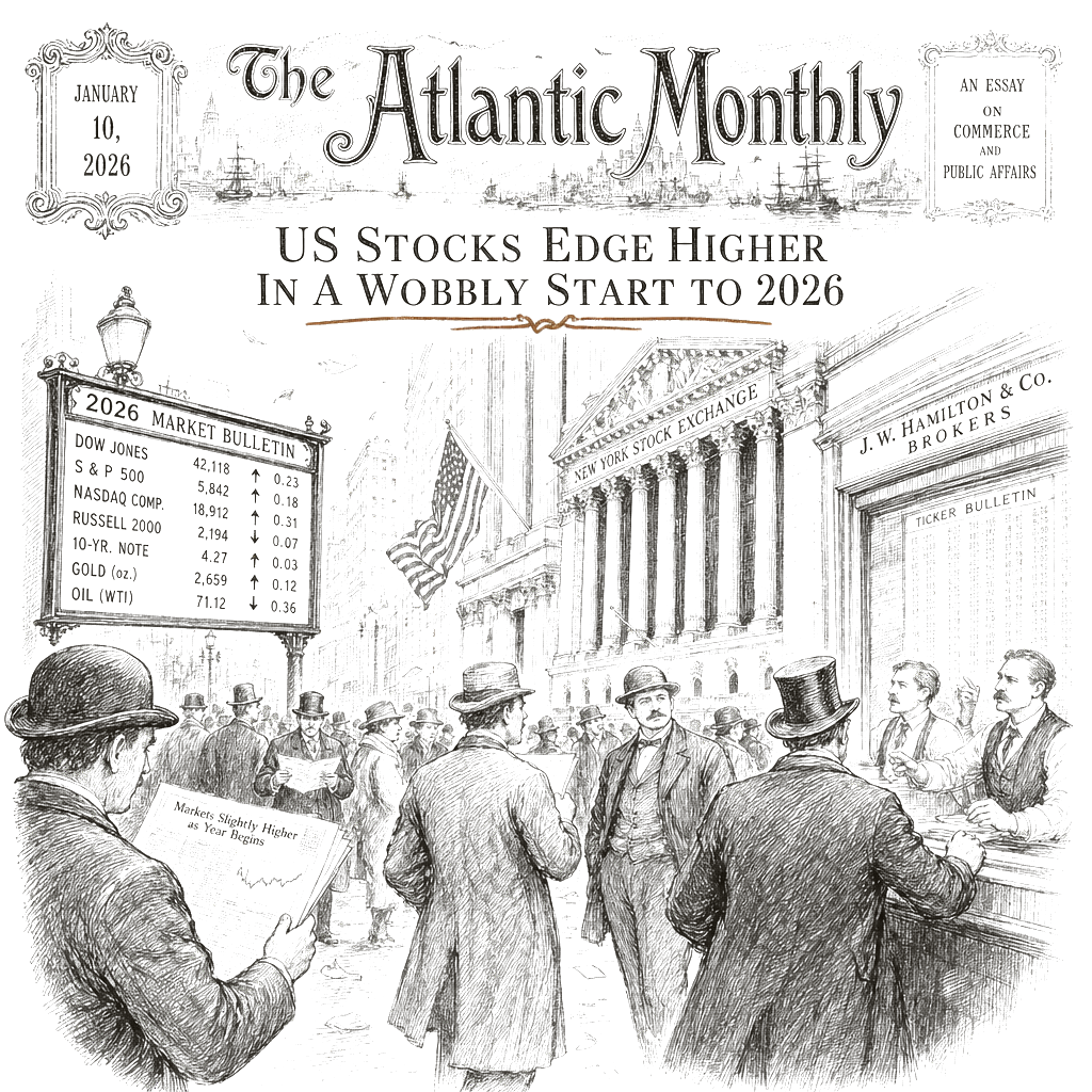 Illustration accompanying article: US stocks edge higher in a wobbly start to 2026