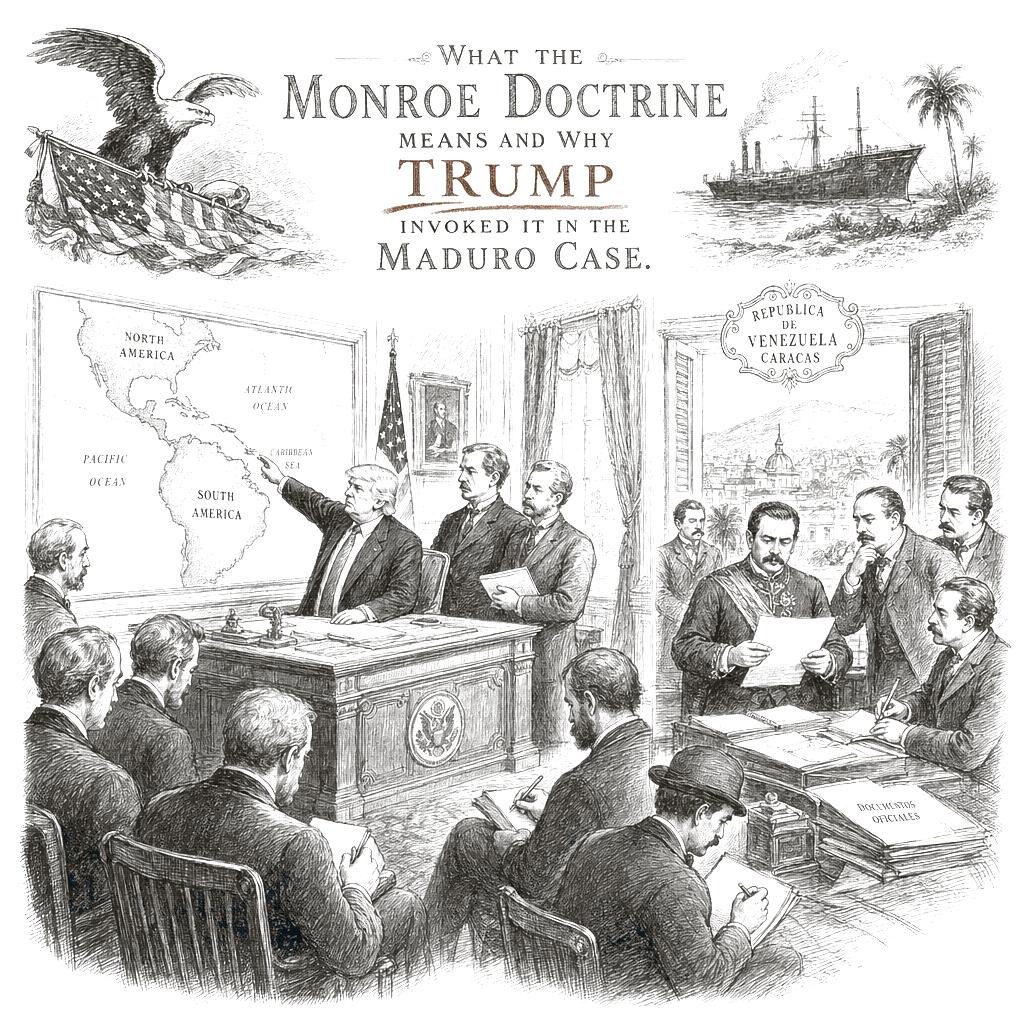 Illustration accompanying article: What Monroe Doctrine means and why Trump invoked it in Maduro case
