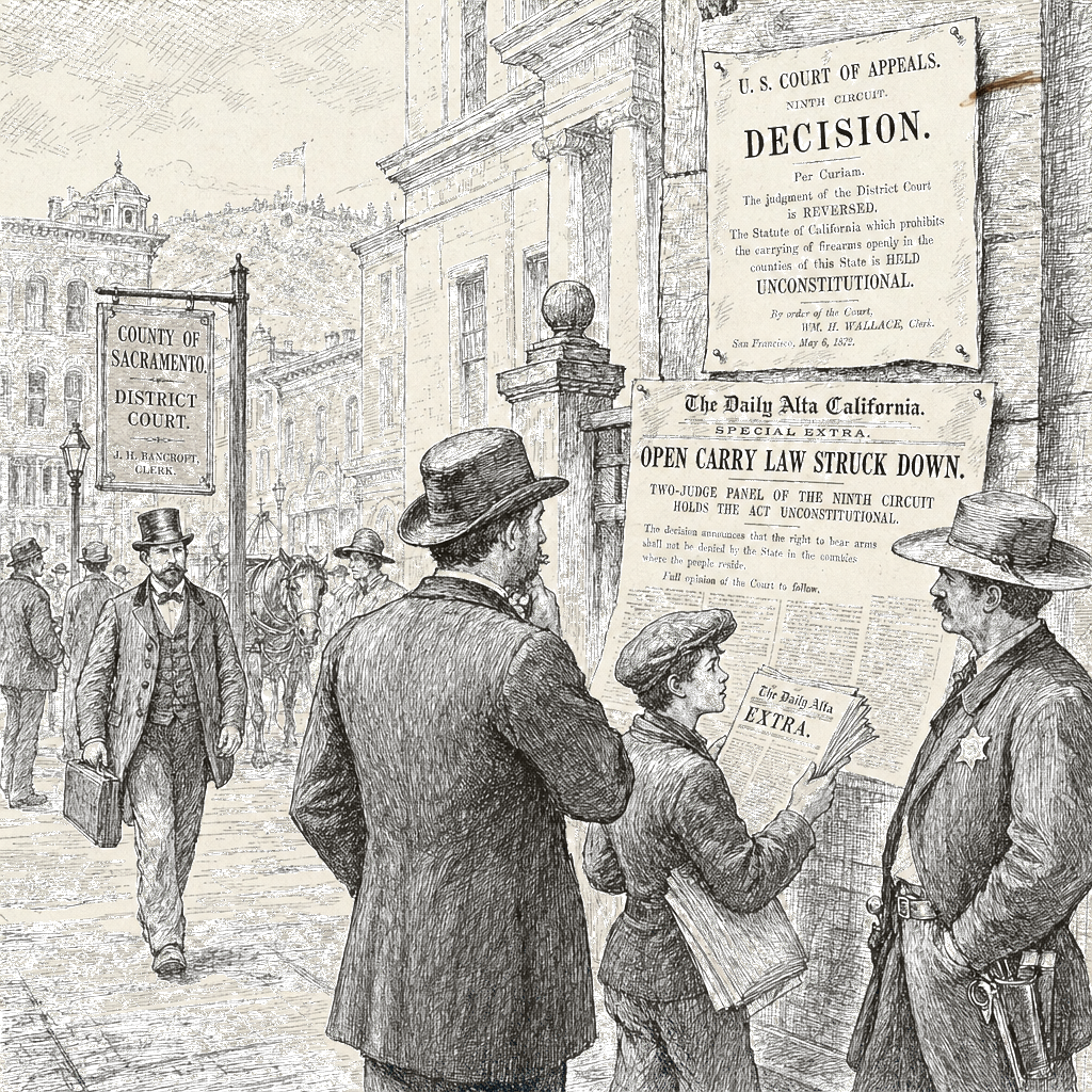 Illustration accompanying article: 9th Circuit panel strikes down California open carry ban in populated counties