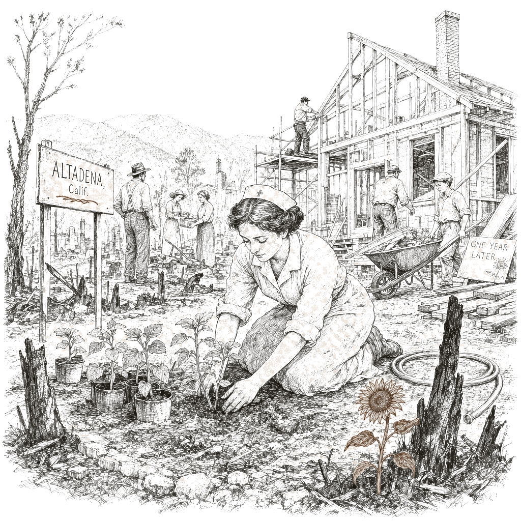 Illustration accompanying article: Altadena nurse plants sunflowers on fire-razed lot, rebuilds home a year
