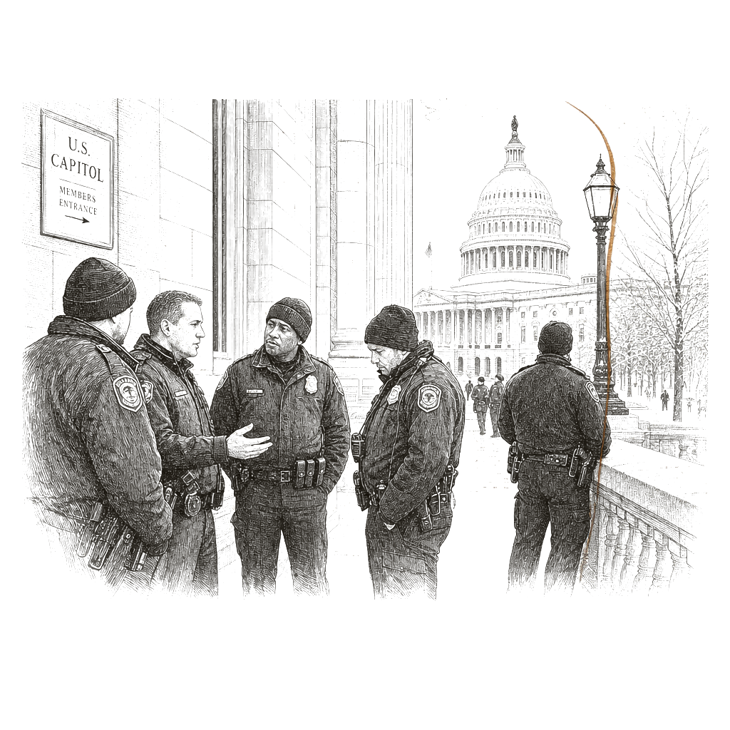 Illustration accompanying article: Capitol officers say Jan. 6 struggles persist five years on, deepened by