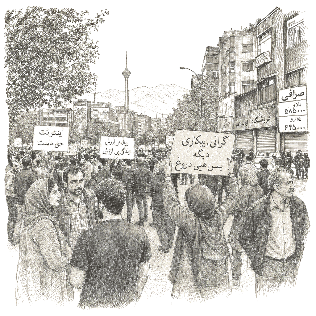 Illustration accompanying article: Iran protests reach all 31 provinces as rial collapse deepens, internet