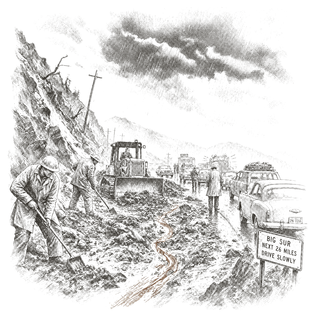 Illustration accompanying article: More storms forecast for California as flood cleanup continues after King