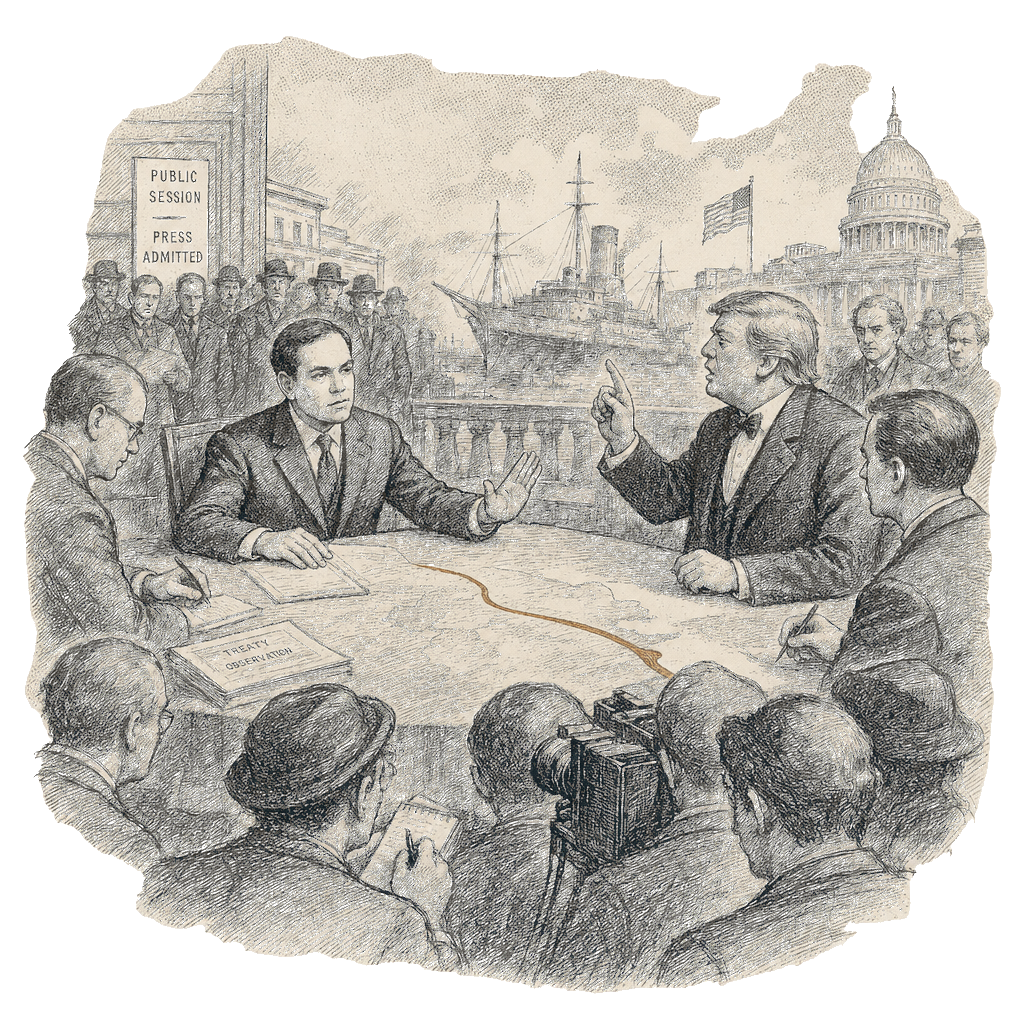 Illustration accompanying article: Rubio tamps down nation-building fears as Trump insists US 'in charge' in