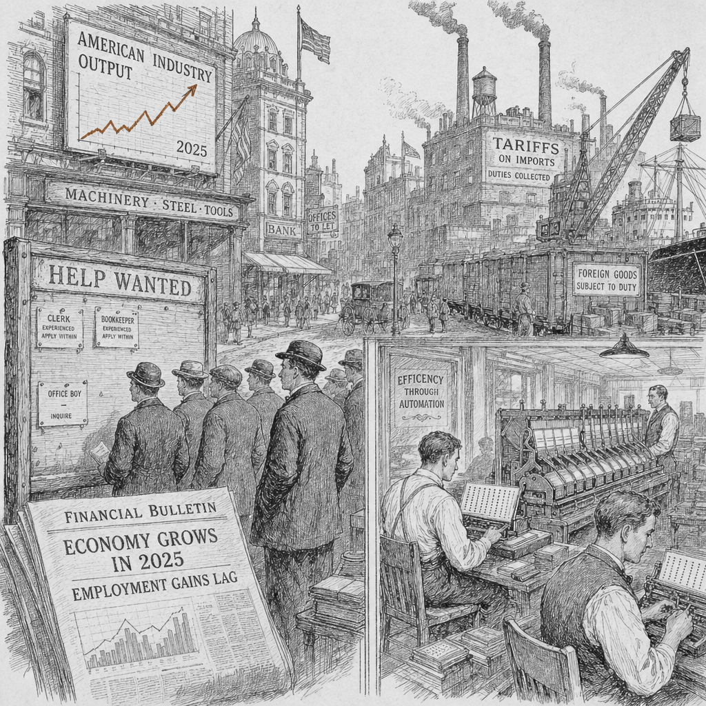 Illustration accompanying article: US economy grew in 2025 but hiring lagged as tariffs and AI curbed job gains