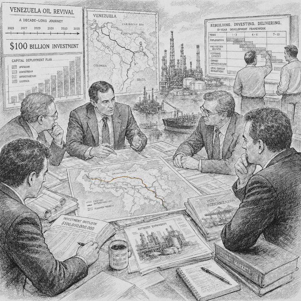 Illustration accompanying article: Venezuela oil revival faces decade-long timeline and $100 billion investment