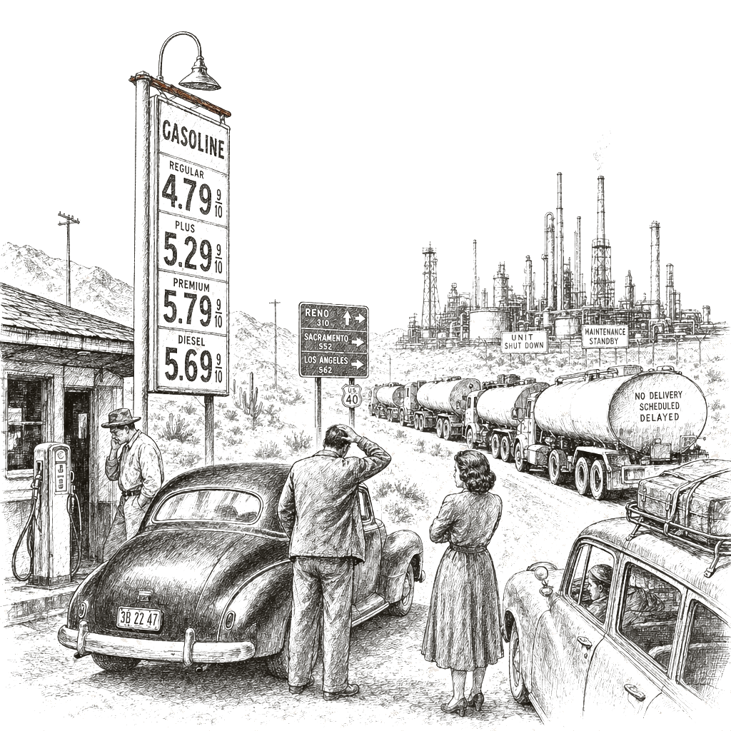 Illustration accompanying article: California refinery closures threaten Nevada fuel supply and prices