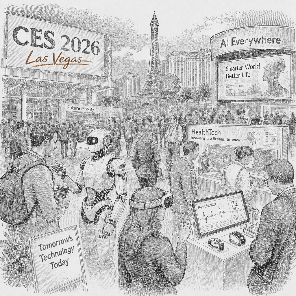 Illustration accompanying article: CES 2026 opens in Las Vegas with AI, humanoid robots, and health tech on
