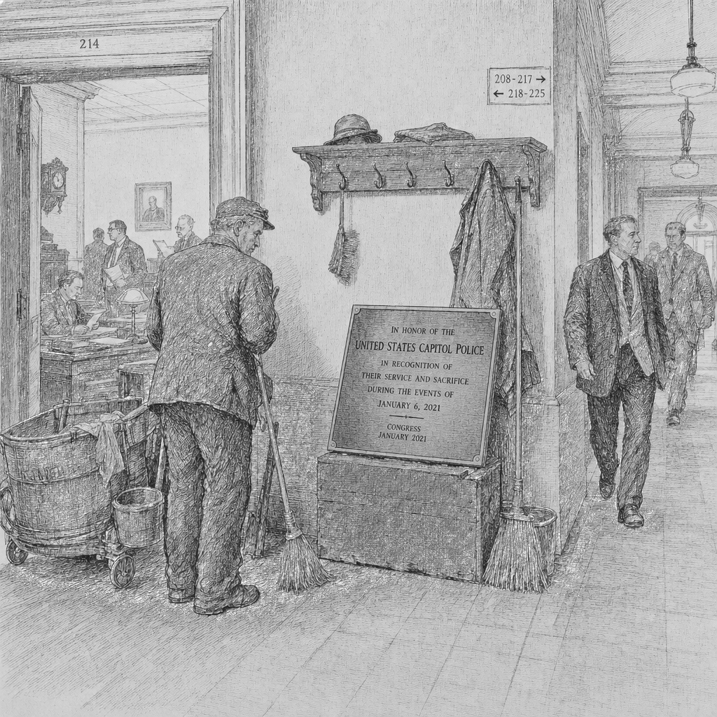 Illustration accompanying article: Congress-mandated Jan. 6 police plaque sits unhung as fifth anniversary passes