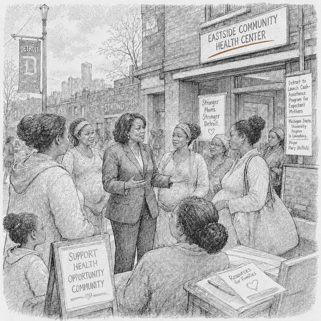 Illustration accompanying article: Detroit to launch cash-assistance program for expectant mothers