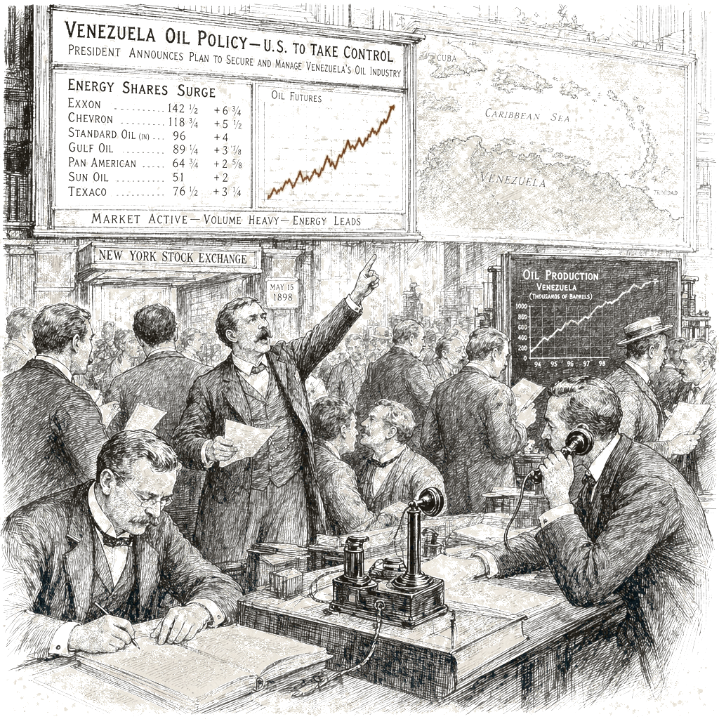 Illustration accompanying article: Energy stocks surge after Trump announces plans to control Venezuela's oil industry