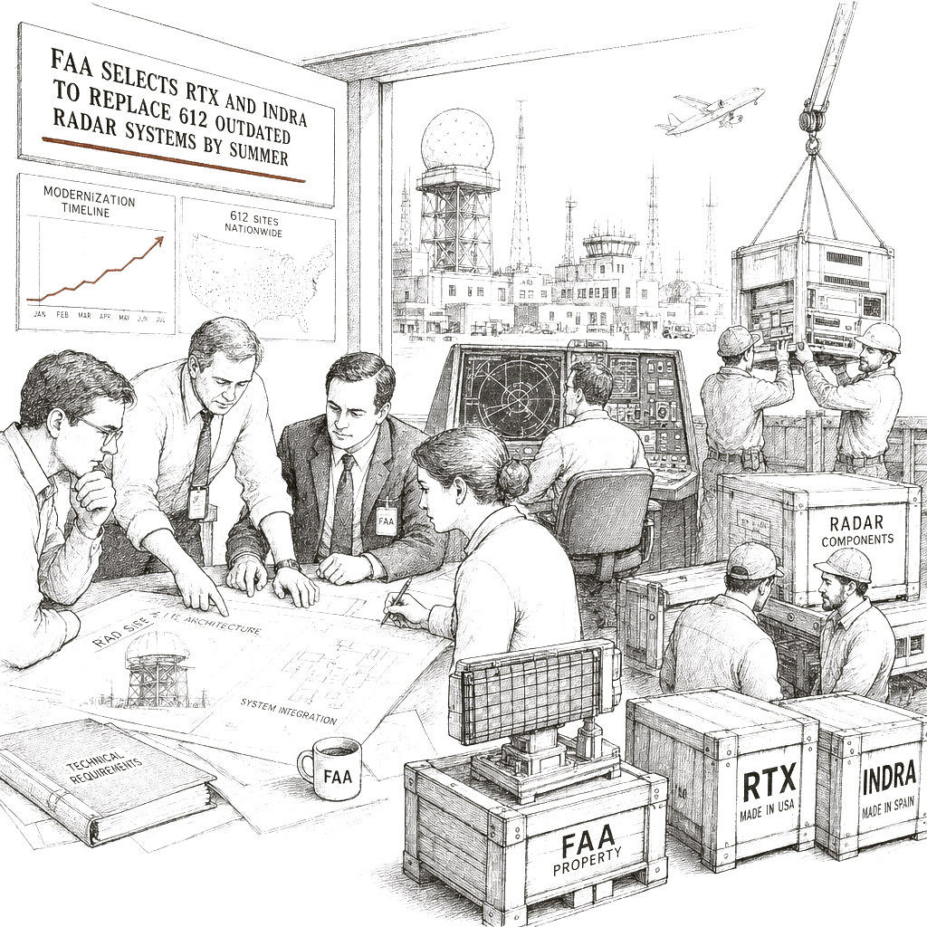 Illustration accompanying article: FAA picks RTX and Indra to replace 612 outdated radar systems by summer