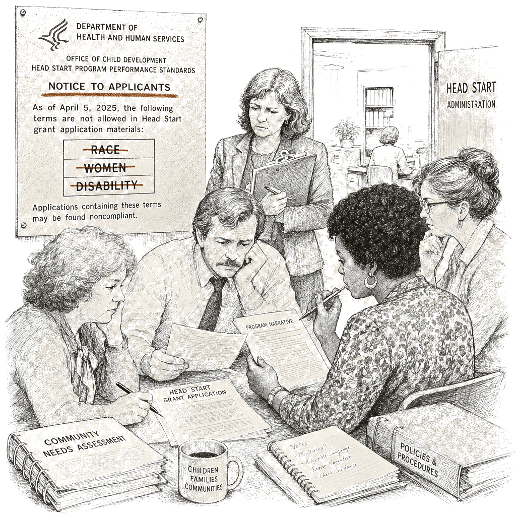 Illustration accompanying article: HHS bars 'race,' 'women,' and 'disability' from Head Start grant applications