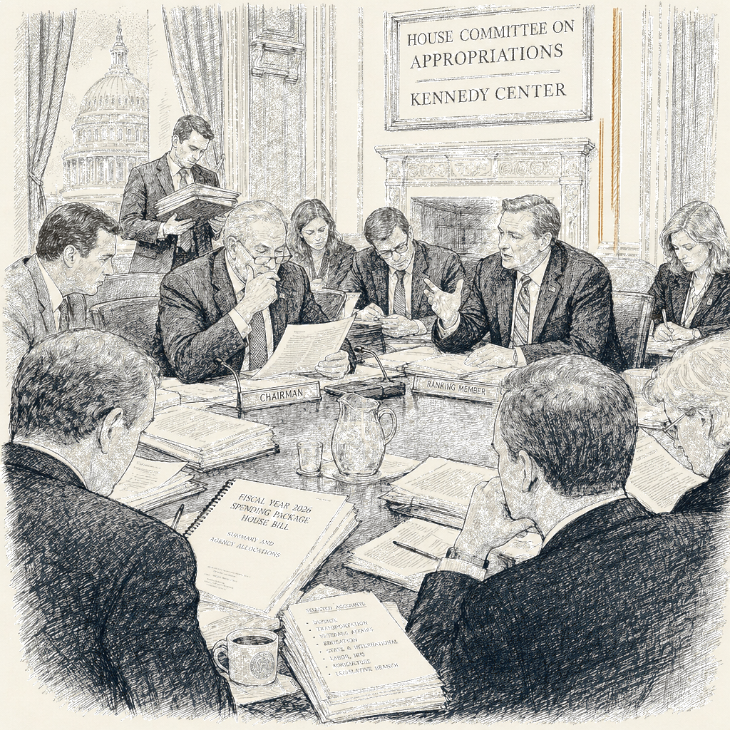 Illustration accompanying article: House spending bill still calls it the Kennedy Center, bypassing Trump rebrand