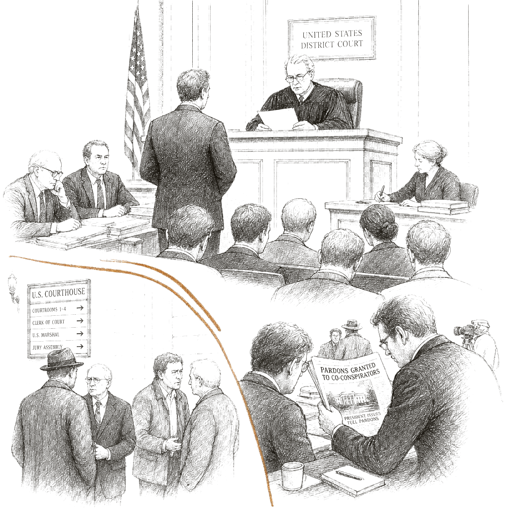 Illustration accompanying article: Judge spares Tennessee lawmaker prison after Trump pardoned co-conspirators