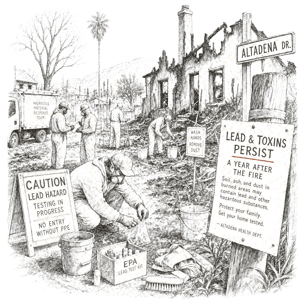 Illustration accompanying article: Lead and toxins persist in Altadena homes a year after LA wildfires