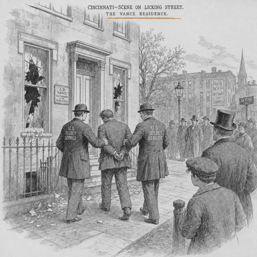 Illustration accompanying article: Man detained after breaking windows at VP Vance's Cincinnati home, Secret