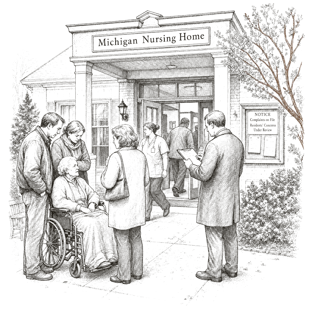 Illustration accompanying article: Michigan nursing homes log nearly 6,000 abuse and neglect cases as reform
