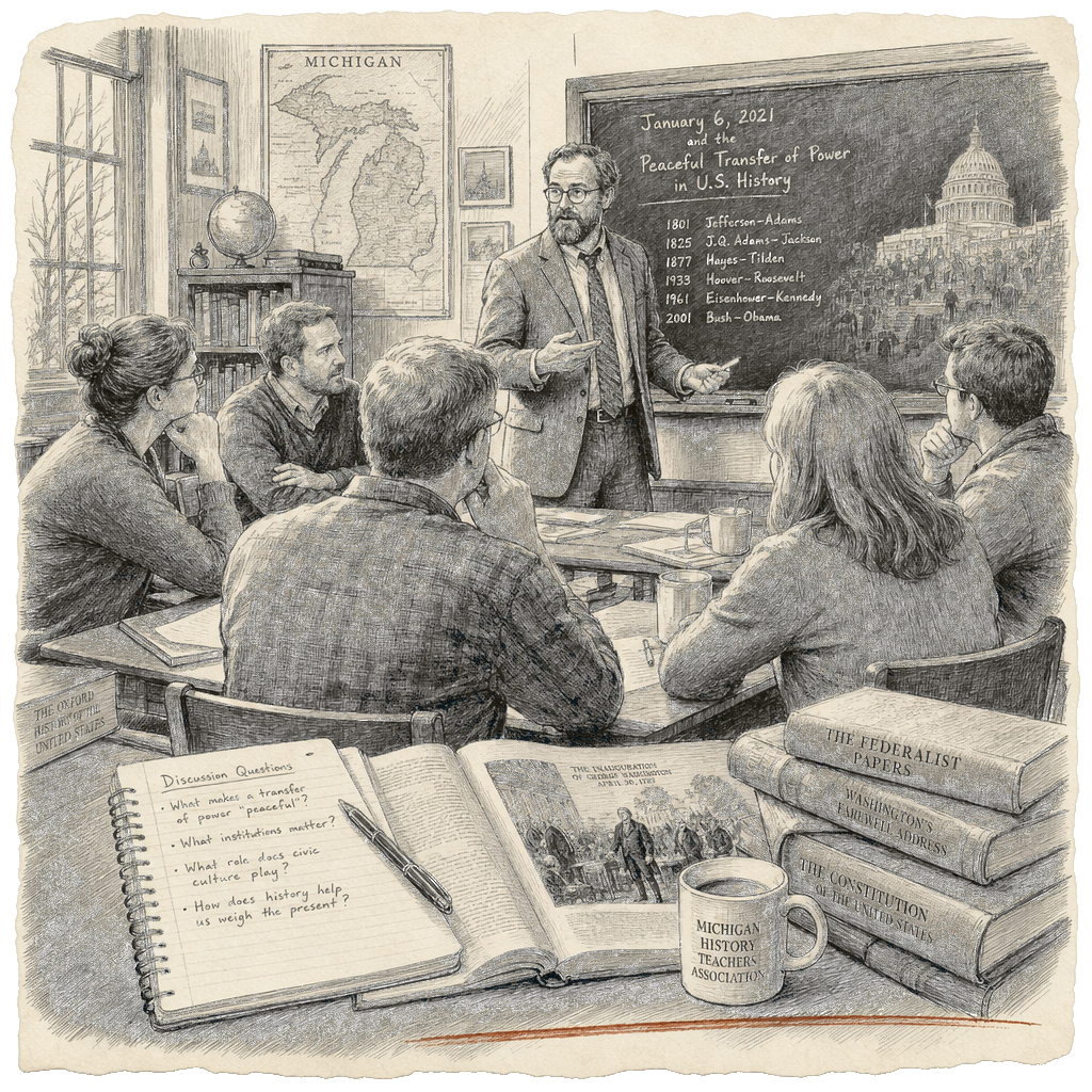 Illustration accompanying article: Michigan teachers connect Jan. 6 insurrection to history of peaceful power