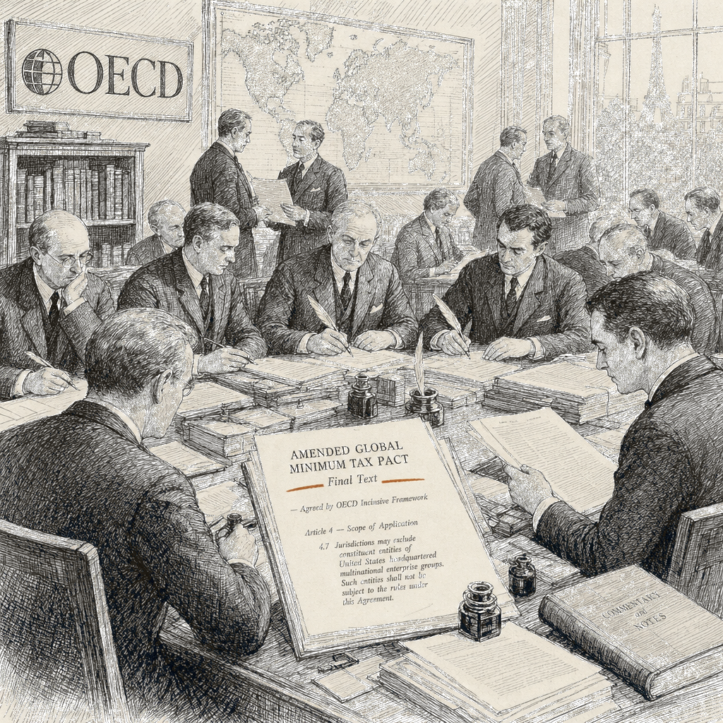 Illustration accompanying article: OECD finalizes amended global minimum tax pact exempting US multinationals