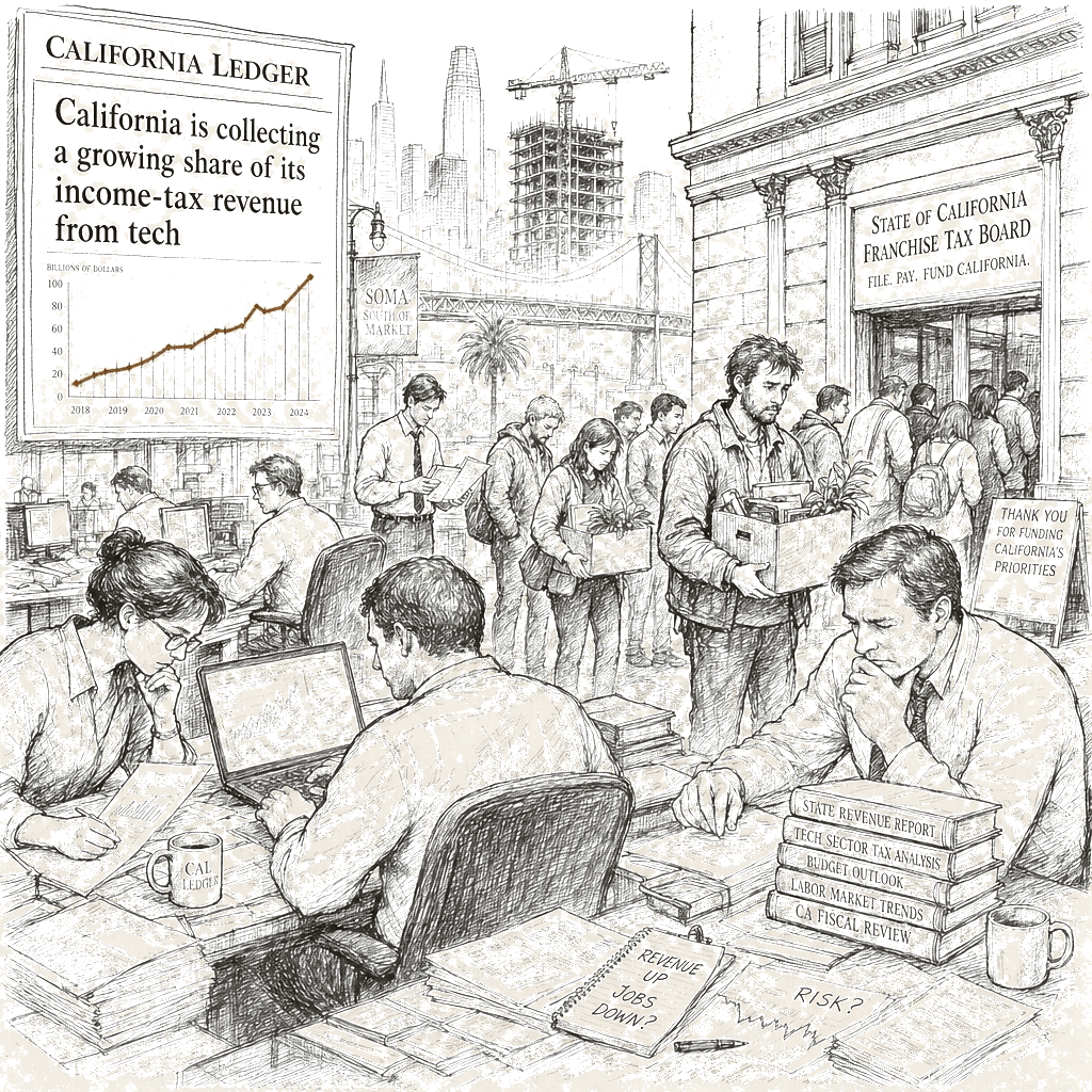 Illustration accompanying article: California's AI tax windfall masks job losses and bubble risk, analysts
