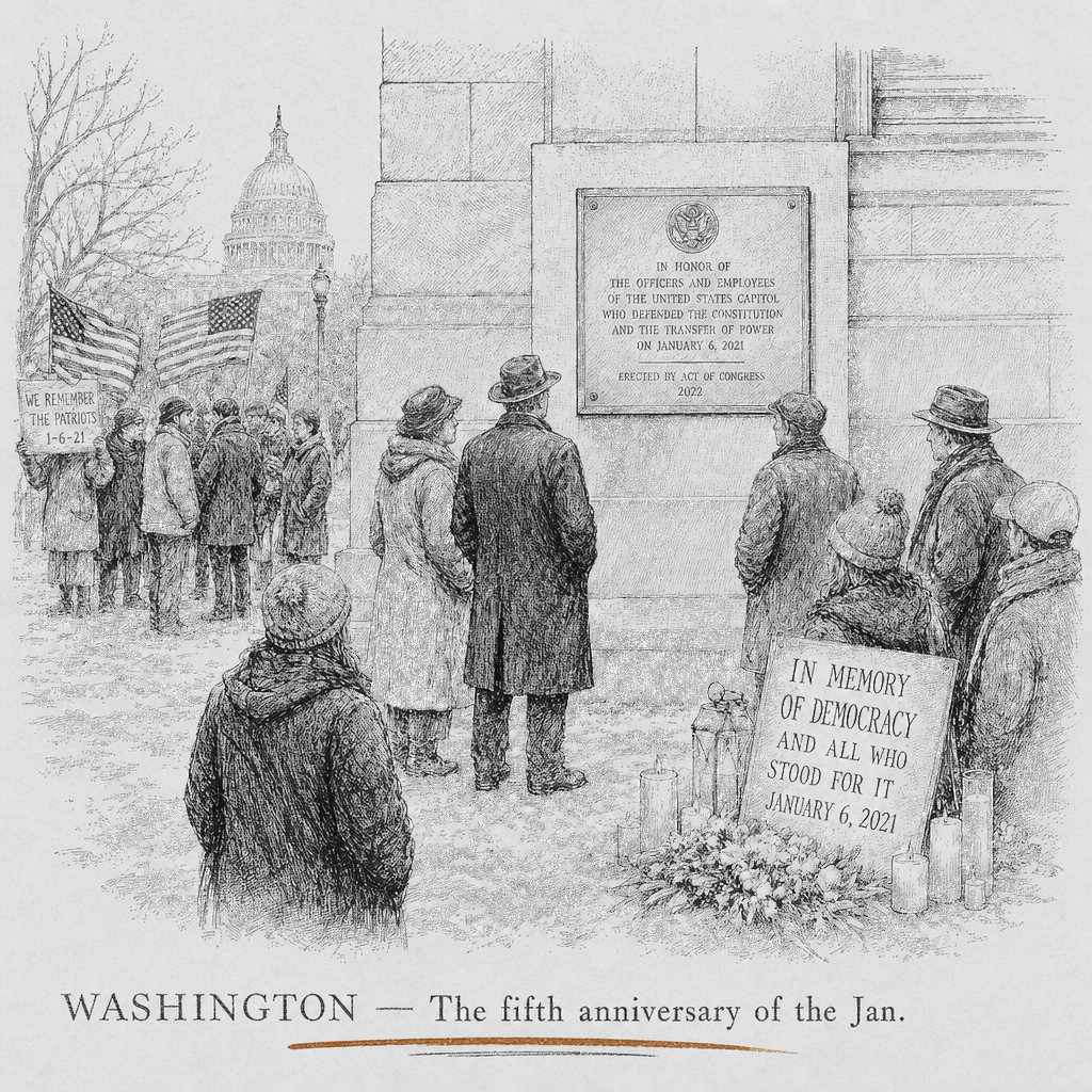 Illustration accompanying article: Five years after Jan. 6, parties hold rival memorials as official plaque