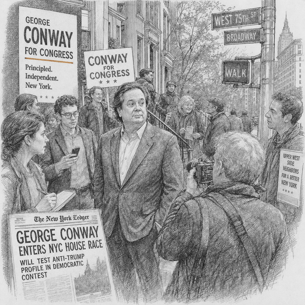 Illustration accompanying article: George Conway enters NYC House race, testing anti-Trump profile in Democratic