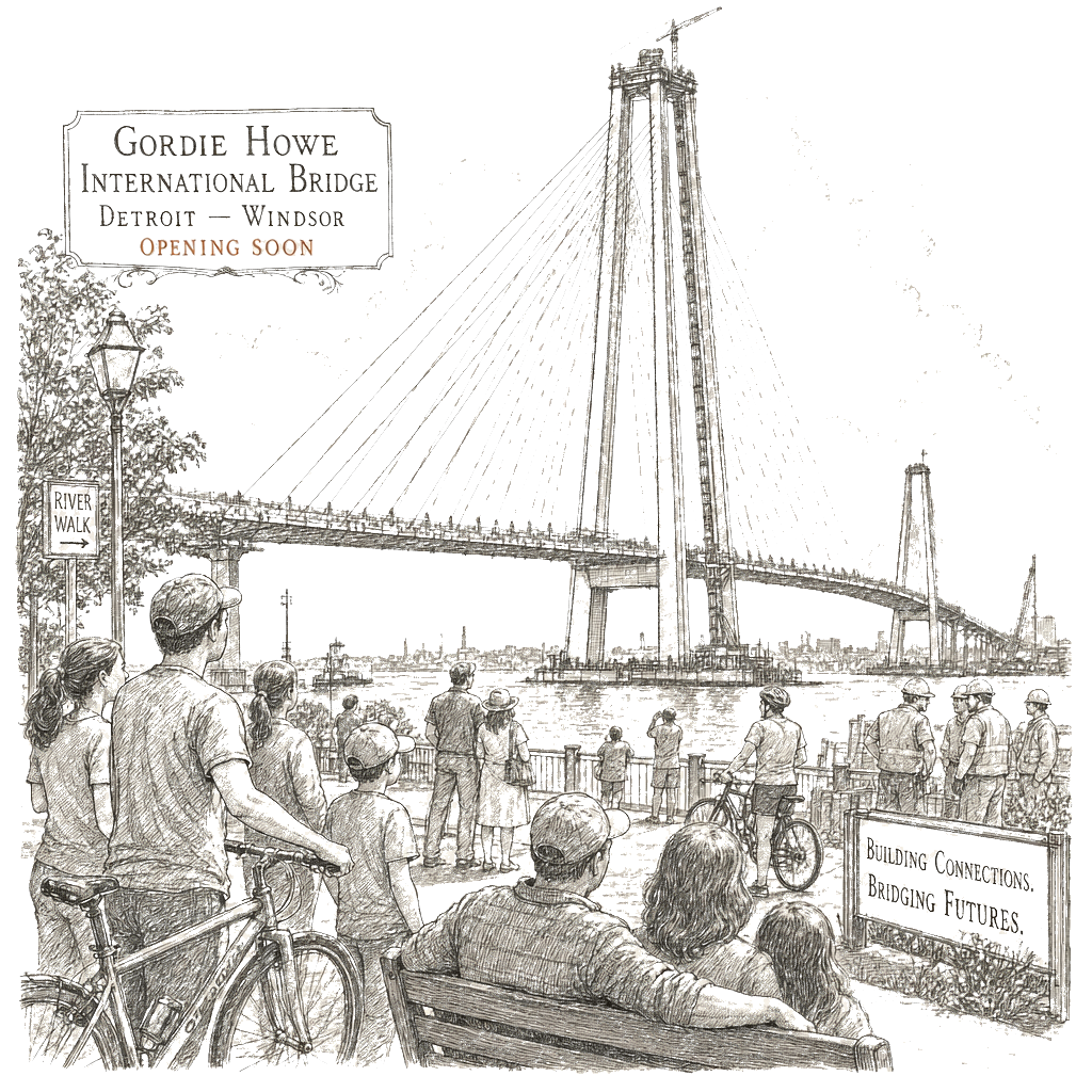 Illustration accompanying article: Gordie Howe Bridge nears opening as Detroit's first walkable link to Canada