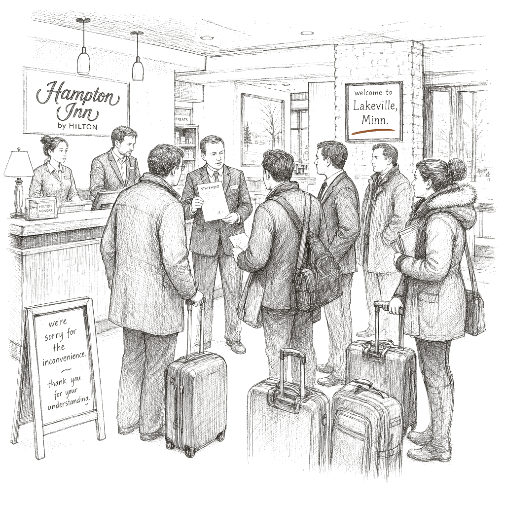 Illustration accompanying article: Minnesota hotel and Hilton apologize after ICE agents' reservations canceled