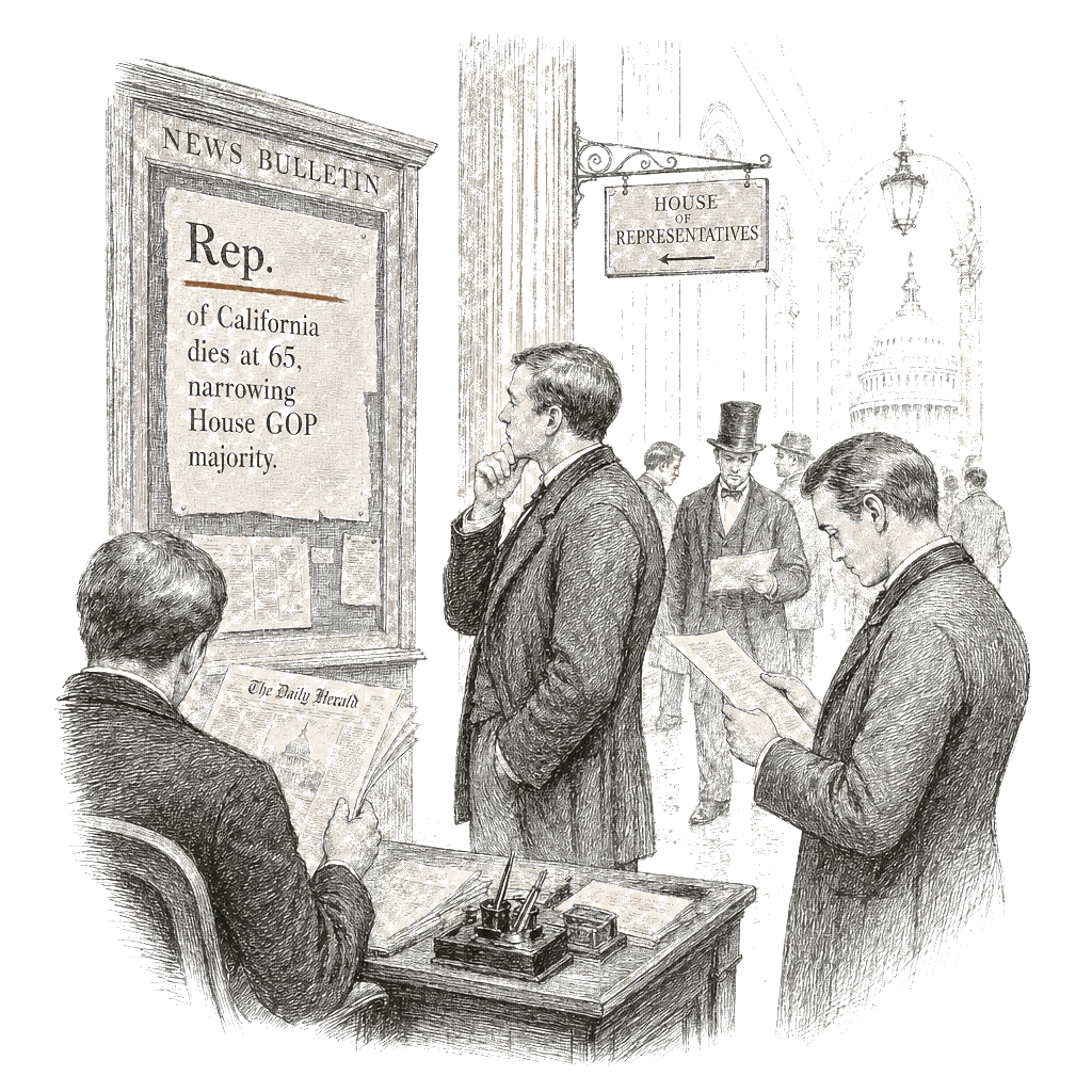 Illustration accompanying article: Rep. Doug LaMalfa of California dies at 65, narrowing House GOP majority